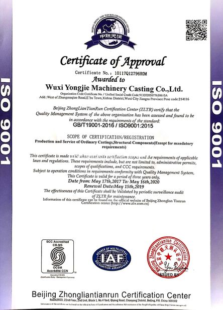 China Wuxi Yongjie Machinery Casting Co., Ltd. zertifizierungen